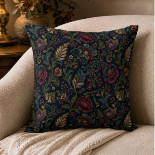 Dark Moody Floral Vintage Crewel Botanical Elegant Cushion