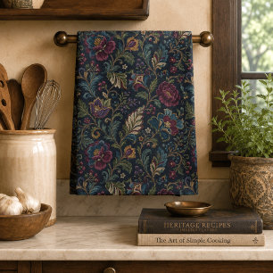 Dark Moody Floral Vintage Crewel Botanical Elegant Tea Towel