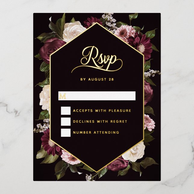 Dark Moody Floral Wedding RSVP Card Gold Foil  (Front)
