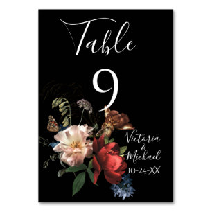 Dark & Moody Floral Wedding table number cards