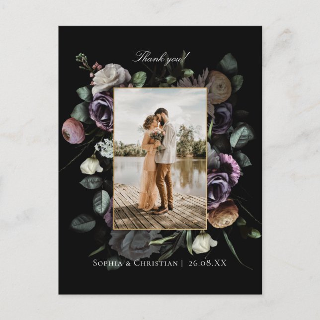 Dark Moody Floral Wedding Thank you Photo Postcard (Front)