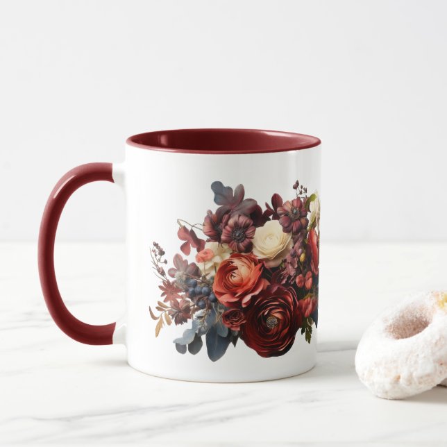 Dark Moody Florals Burgundy Maroon Coral White  Mug (With Donut)