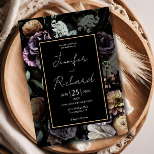 Dark Moody Florals Retro Vintage  Black Wedding  Invitation