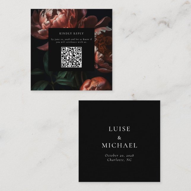 Dark Moody Florals Wedding RSVP QR Code Enclosure Card (Front/Back)