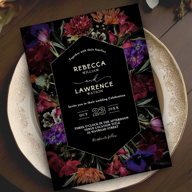 Dark moody flowers black wedding invitation (Creator Uploaded)