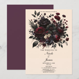 Dark Moody Flowers Elegant Floral Cream Wedding Invitation