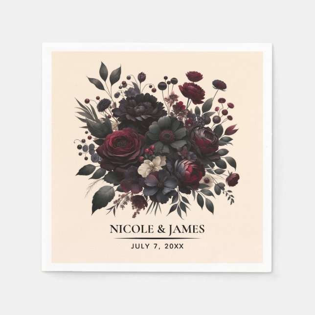 Dark Moody Flowers Elegant Floral Cream Wedding  Napkin (Front)
