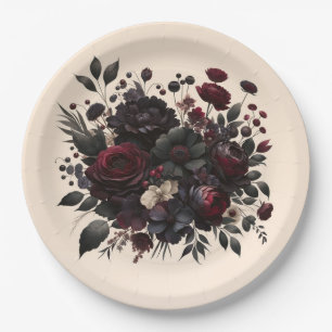 Dark Moody Flowers Elegant Floral Cream Wedding  Paper Plate