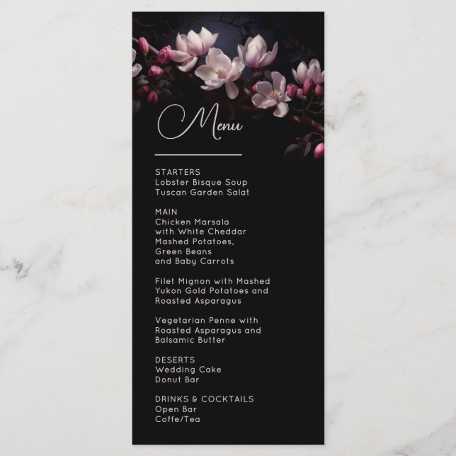 Dark Moody Flowers Magnolia Wedding Menu (Front)