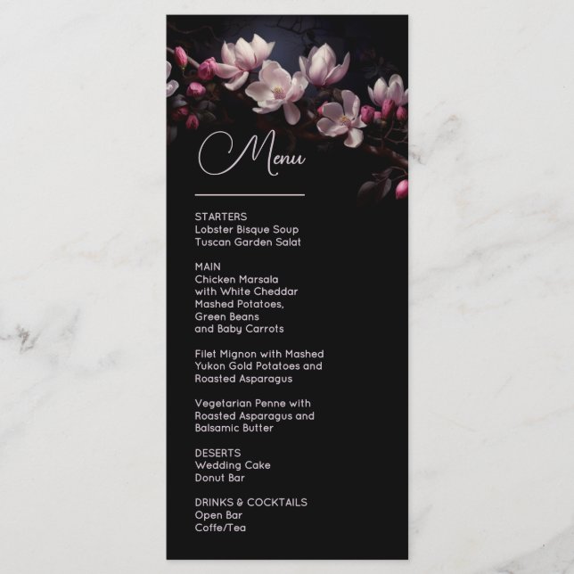 Dark Moody Flowers Magnolia Wedding Menu (Front)