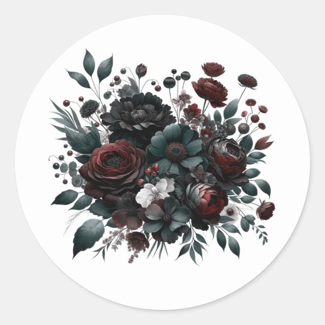 Dark Moody Forest Flowers Elegant Floral Wedding Classic Round Sticker (Front)
