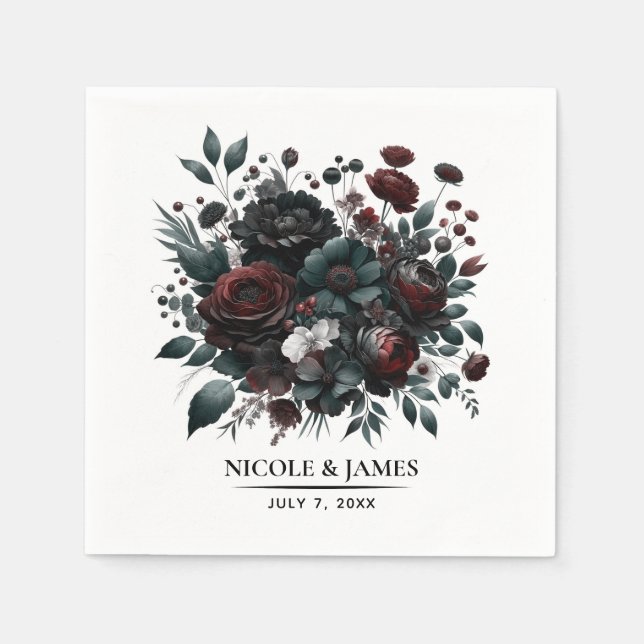 Dark Moody Forest Flowers Elegant Floral Wedding Napkin (Front)