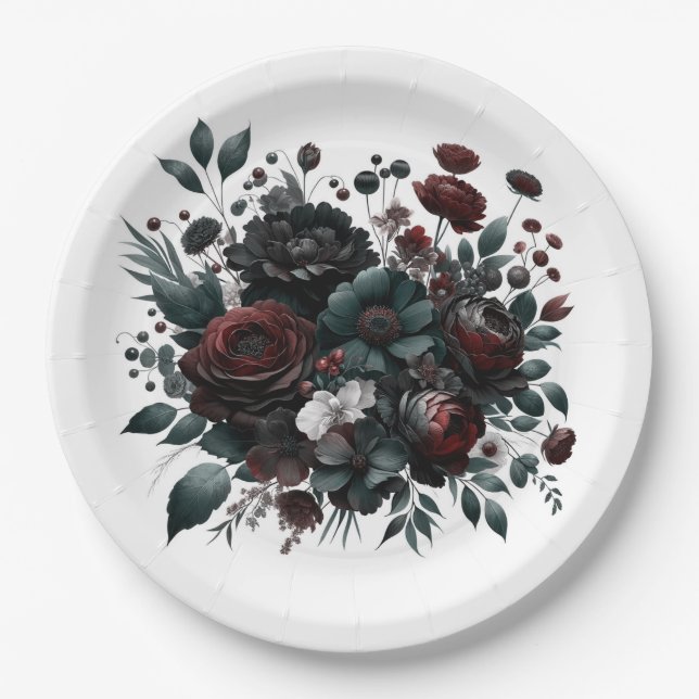 Dark Moody Forest Flowers Elegant Floral Wedding Paper Plate (Front)