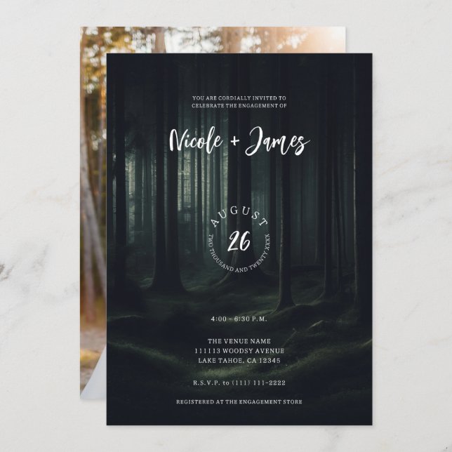Dark Moody Forest Trees at Twilight Engagement  Invitation (Front/Back)