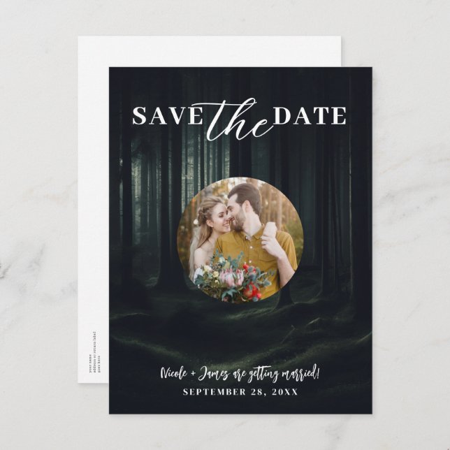 Dark Moody Forest Trees at Twilight Save the Date  Announcement Postcard (Front/Back)