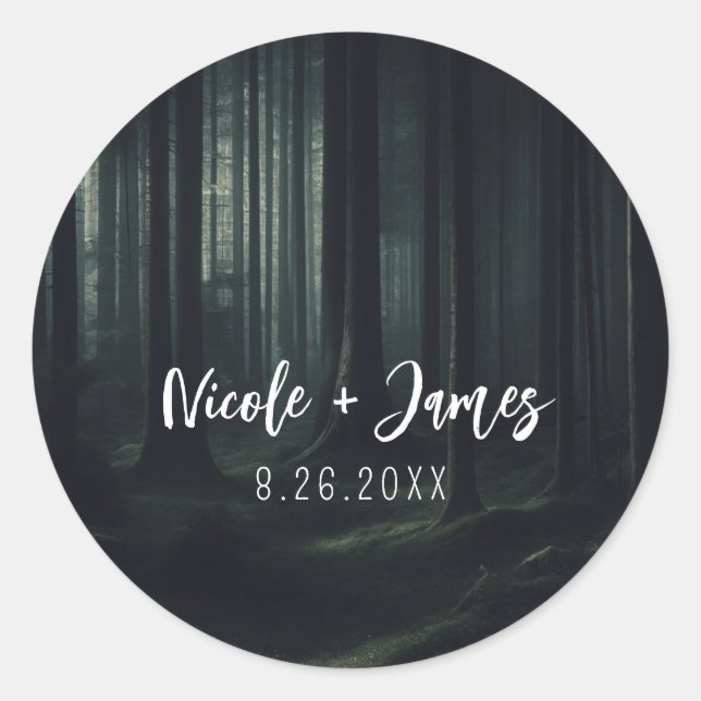 Dark Moody Forest Trees at Twilight Wedding Classic Round Sticker (Front)