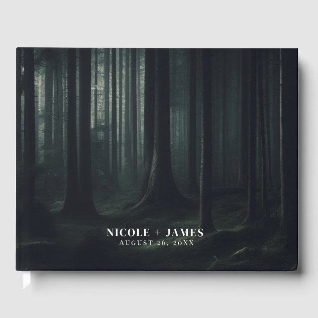 Dark Moody Forest Trees at Twilight Wedding Guest Book (Front)