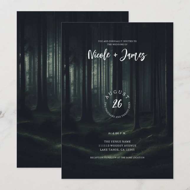 Dark Moody Forest Trees at Twilight Wedding Invitation (Front/Back)