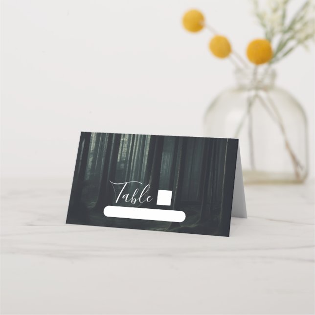 Dark Moody Forest Trees at Twilight Wedding Place Card (Front)