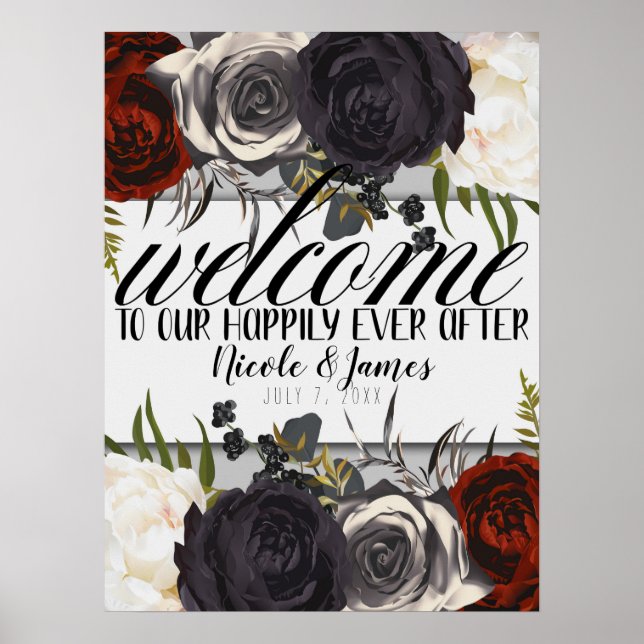 Dark Moody Glam Botanical Floral Welcome Wedding Poster (Front)