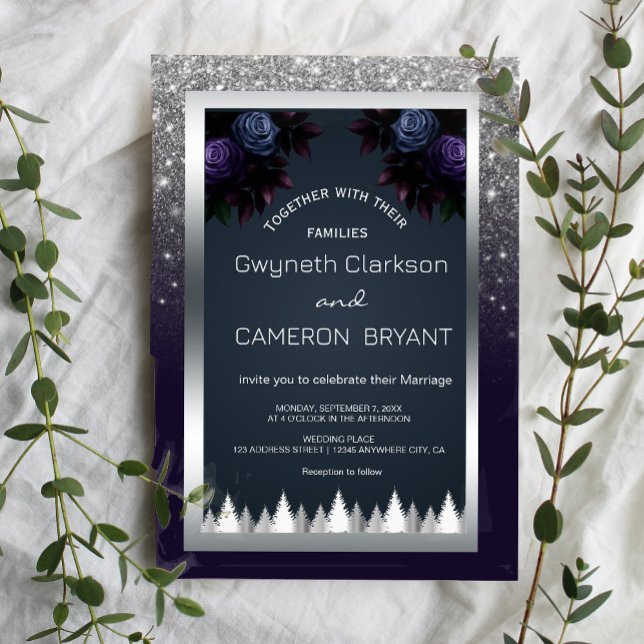 Dark Moody Glitter Silver Navy Blue Florals Invitation (Dark and dramatic. Our navy blue, silver, and purple floral invitations add a touch of mystery)