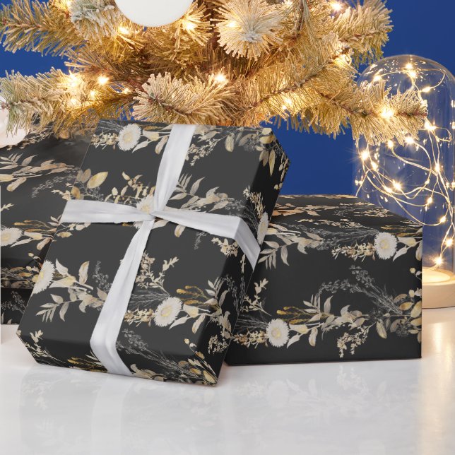 Dark Moody Gold Ivory Botanicals Holiday Gift  Wrapping Paper (Holidays)