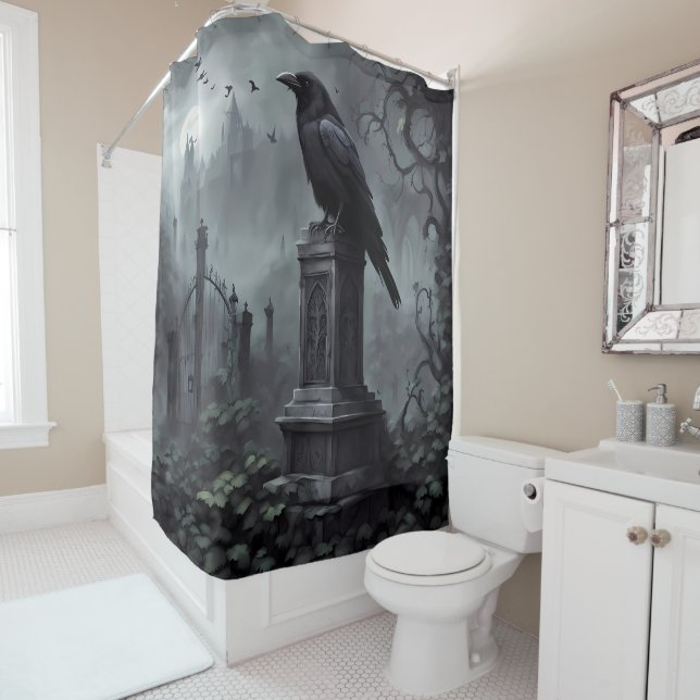 Dark Moody Gothic Crow – Haunting Bathroom Décor Shower Curtain (In Situ)