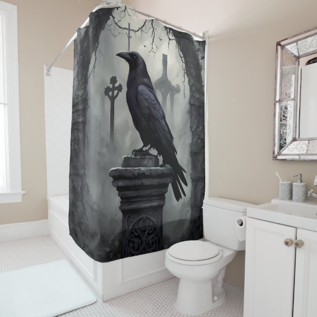 Dark Moody Gothic Crow – Haunting Bathroom Décor Shower Curtain (In Situ)