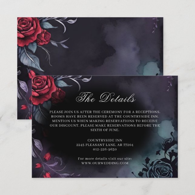 Dark Moody Gothic Red Rose Purple Wedding Enclosure Card (Front/Back)