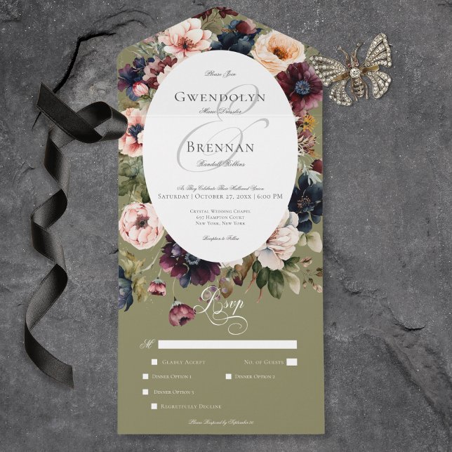Dark Moody Green Oval Floral Frame Dinner All In One Invitation (Dark Moody Green Oval Floral Frame Dinner All In One Invitation)