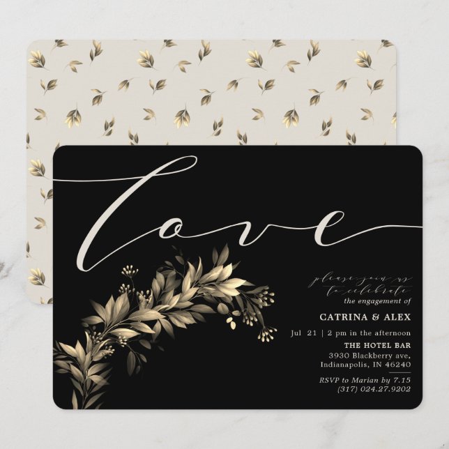 Dark Moody Greenery Beige Black Engagement Party Invitation (Front/Back)