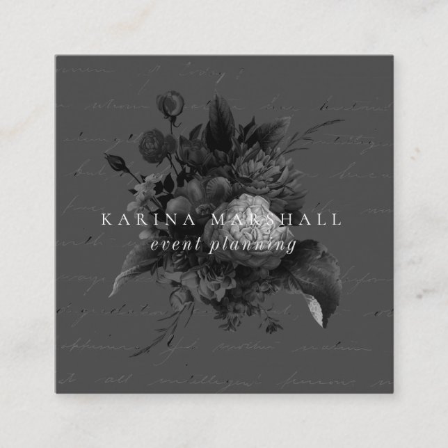 Dark Moody Grey Romantic Floral Square Business Card (Front)