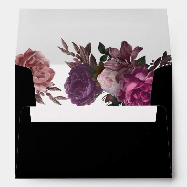 Dark Moody Maroon & Burgundy Black Floral Wedding Envelope (Back (Bottom))