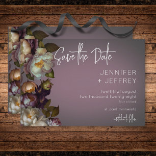 Dark Moody Mauve Floral Modern Wedding Save The Date
