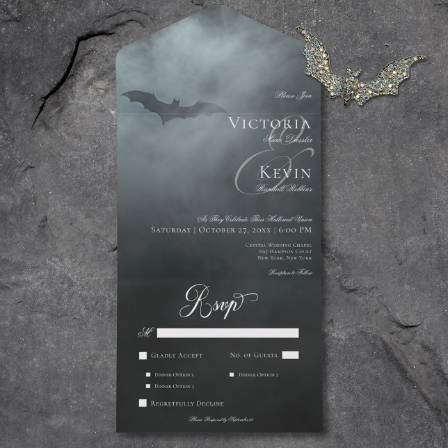 Dark Moody Midnight Bat & Fog Dinner Wedding All In One Invitation (Dark Moody Midnight Bat & Fog Dinner Wedding All In One Invitation)