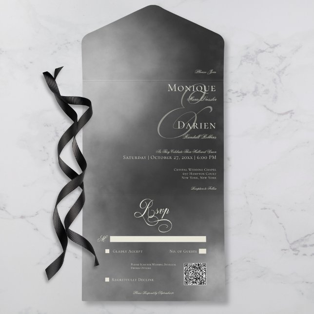 Dark Moody Midnight Black Fog QR Code Wedding All In One Invitation (Dark Moody Midnight Black Fog QR Code Wedding All In One Invitation)