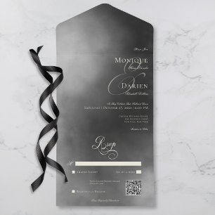 Dark Moody Midnight Black Fog QR Code Wedding All In One Invitation