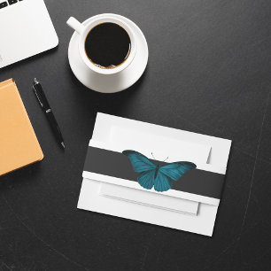 Dark Moody Minimal Teal Moth Black & White Wedding Invitation Belly Band