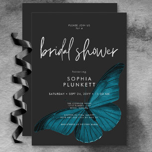 Dark Moody Minimal Teal Moth Bridal Shower Invitation