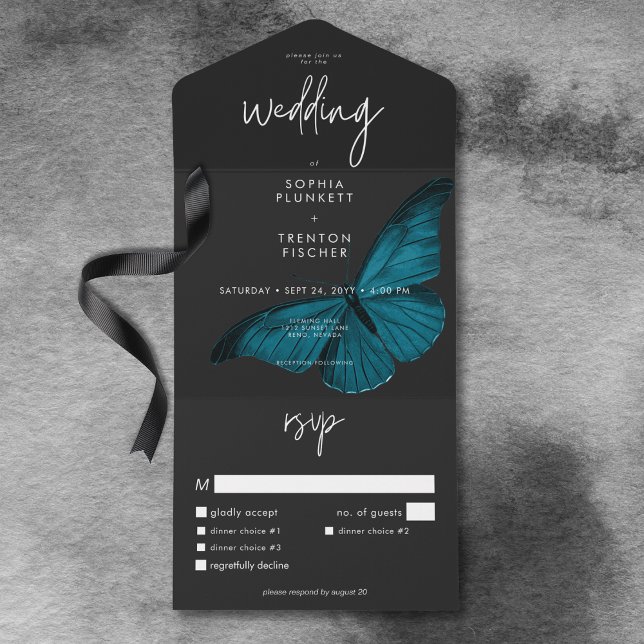 Dark Moody Minimal Teal Moth Dinner Wedding All In One Invitation (Dark Moody Minimal Teal Moth Dinner Wedding All In One Invitation)