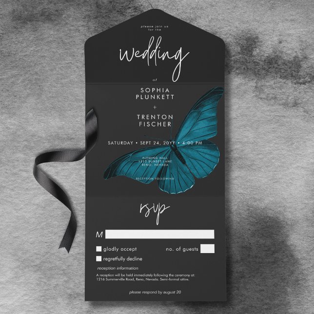 Dark Moody Minimal Teal Moth No Dinner w/ Details All In One Invitation (Dark Moody Minimal Teal Moth No Dinner w/ Details All In One Invitation)