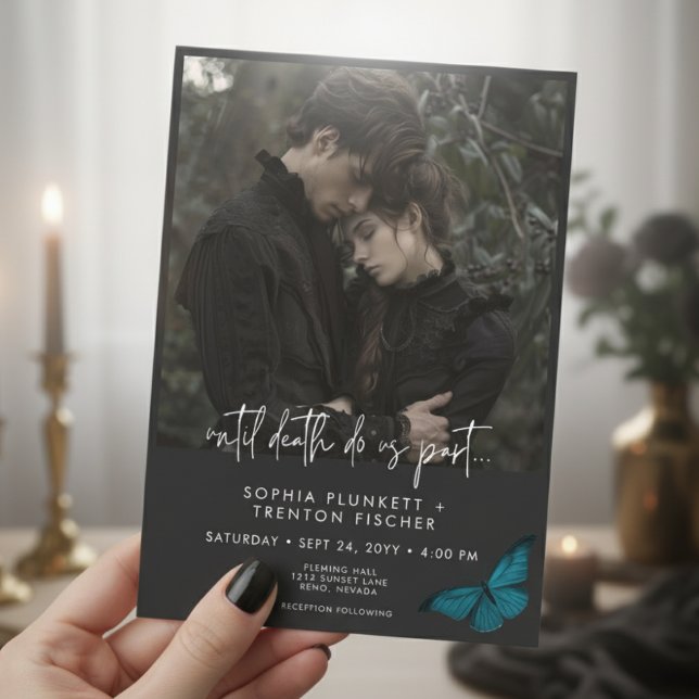 Dark Moody Minimal Teal Moth Photo Wedding Invitation (Creator Uploaded)