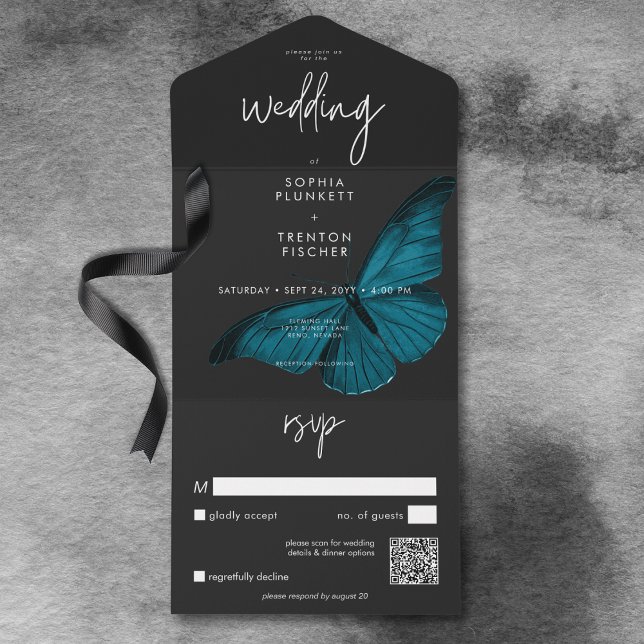Dark Moody Minimal Teal Moth QR Code Wedding All In One Invitation (Dark Moody Minimal Teal Moth QR Code Wedding All In One Invitation)