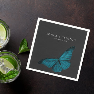 Dark Moody Minimal Teal Moth Wedding Napkin