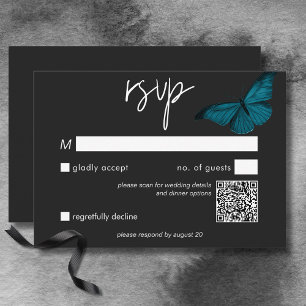 Dark Moody Minimal Teal Moth Wedding QR Code RSVP Card