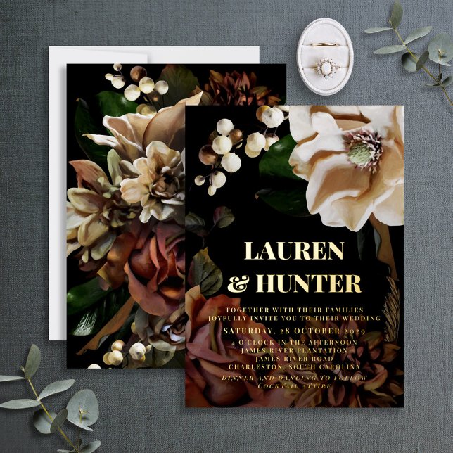 Dark Moody Neutral Magnolia Botanical Wedding Gold (Creator Uploaded)