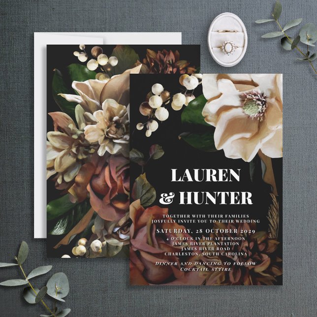 Dark Moody Neutral Magnolia Botanical Wedding Invi Invitation (Creator Uploaded)