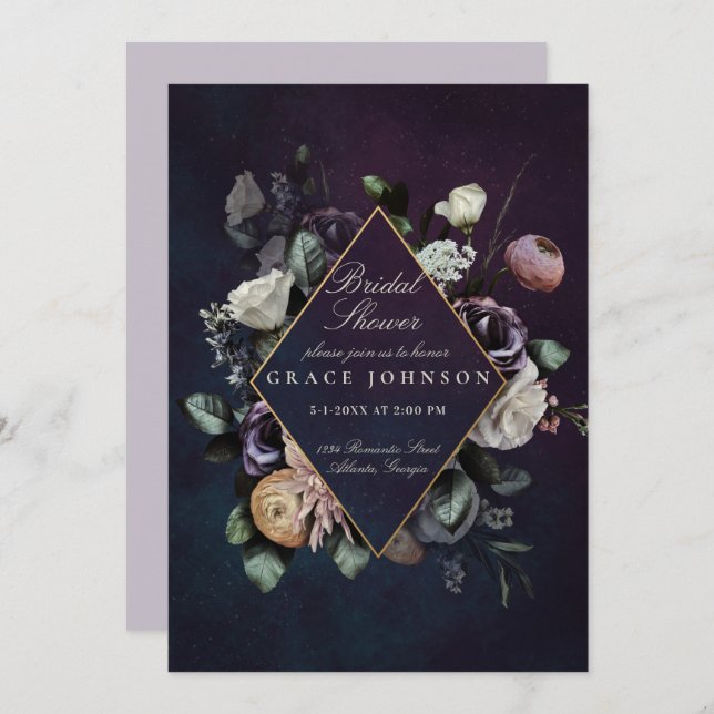Dark Moody Night Floral Wedding Bridal Shower Invitation (Front/Back)