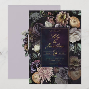 Dark Moody Night Purple Lavender Floral Wedding Invitation