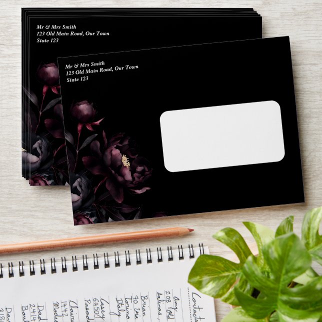 Dark moody noir burgundy peonies elegant  envelope (Stacked)